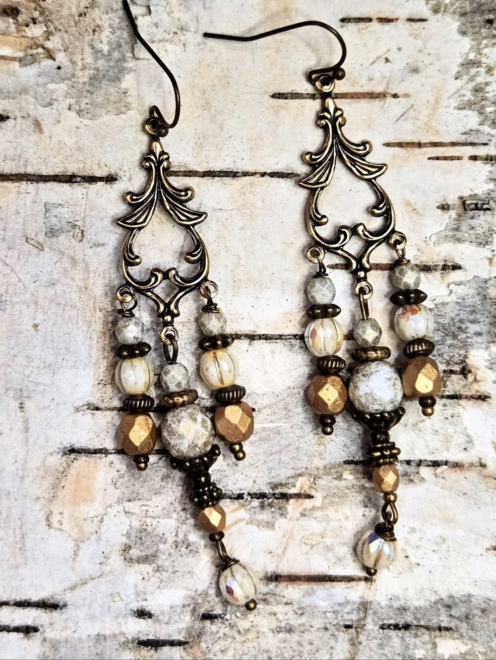 Victorian Rustic White & Etched Gold Glass In Feminine Antique Bronze Earrings